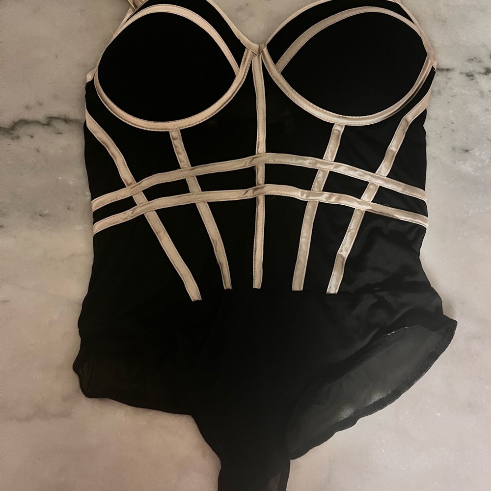 Black and Cream Strappy Bustier One-Piece Bodysuit